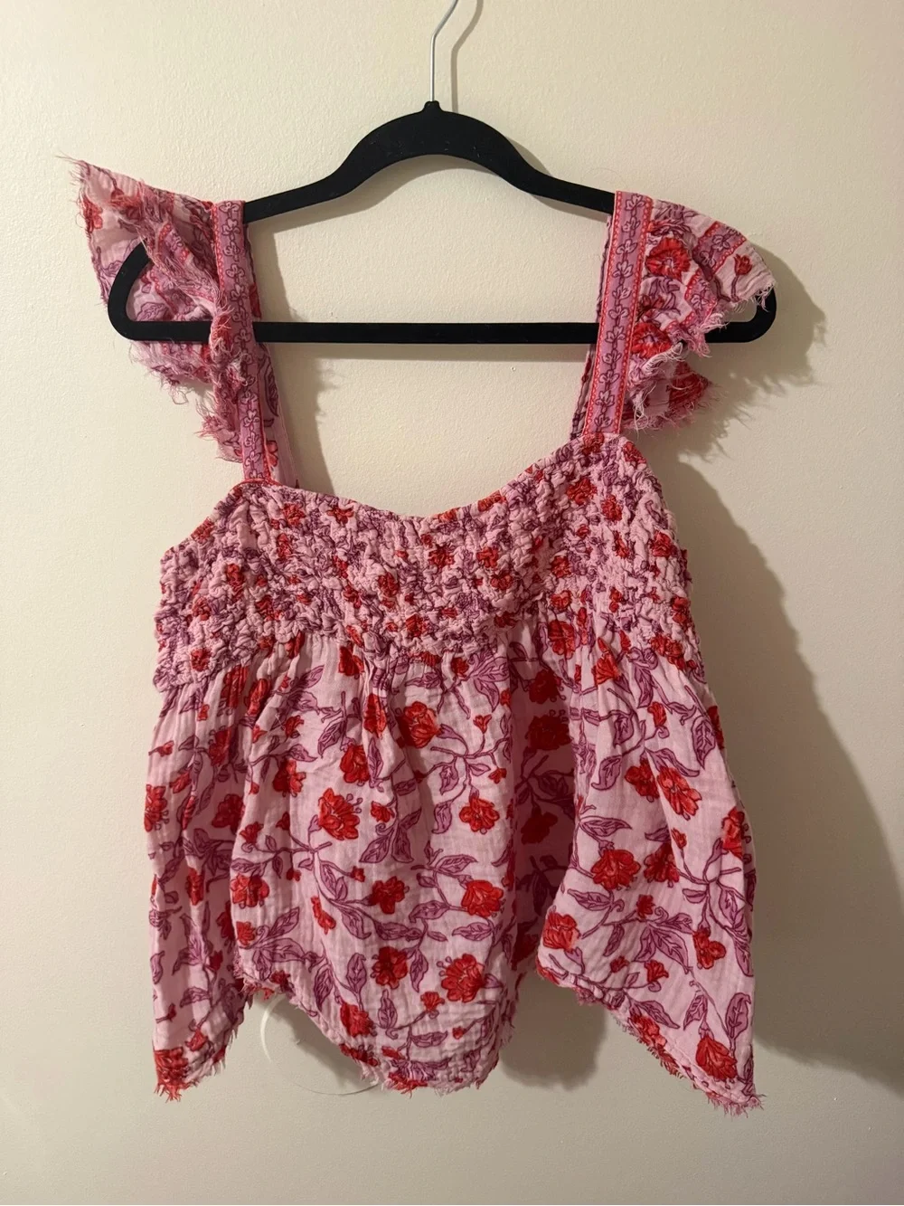 Free People Pink Smocked Floral Tank with Red Print
